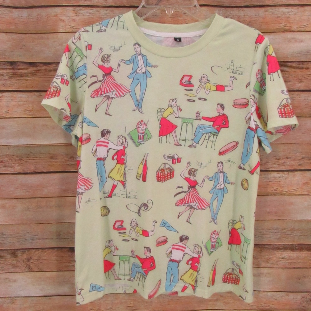 Mint Green Crew Neck 50's Pattern Tee Women's S